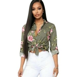 FASHION NOVA Olive Green Pink Floral Print Button Front Tie Top Medium NWT